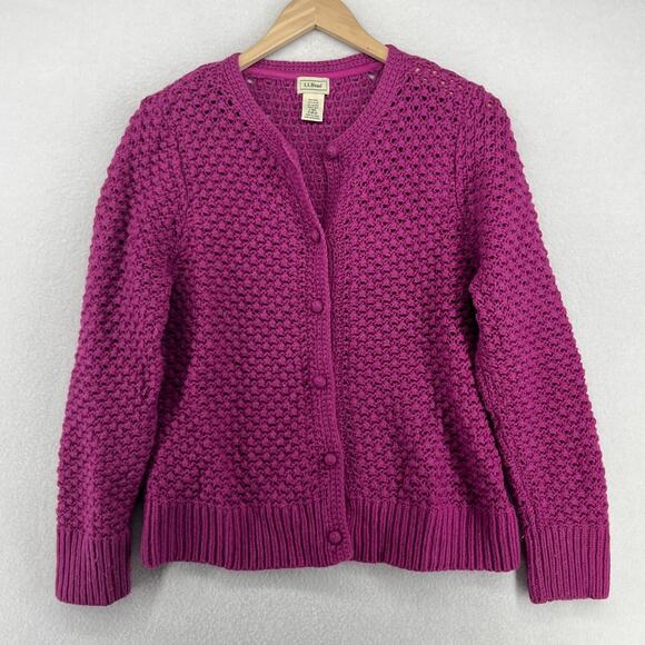LL BEAN Sweater Womens L Crochet Wool Angora Button Front Cardigan Purple - Picture 1 of 13